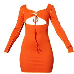 PrettyLittleThing Orange Ribbed Overlock Stitch Tie Front Long Sleeve Dress